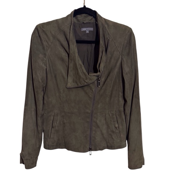 Vince Size Olive Green Suede Leather Moto Jacket Pockets Zipper Long Sleeve - Picture 1 of 8